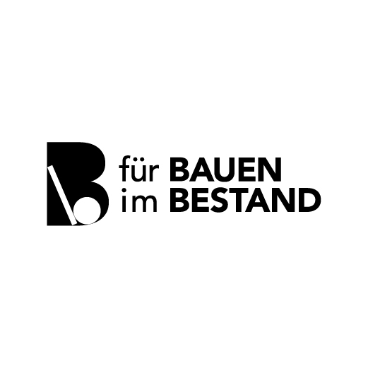 Bild des Vereinslogos "für BAUEN im BESTAND" mit einem grafischen Element in Form eines stilisierten "B".